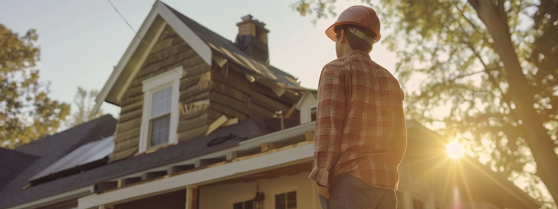 a homeowner watching as a construction crew installs a new roof on their house.