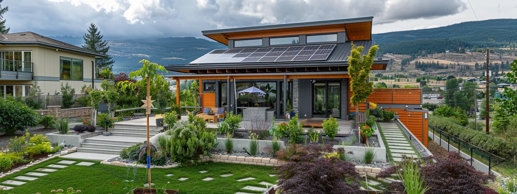 a modern, solar-powered house in kelowna surrounded by lush, vibrant gardens and a rainwater harvesting system.